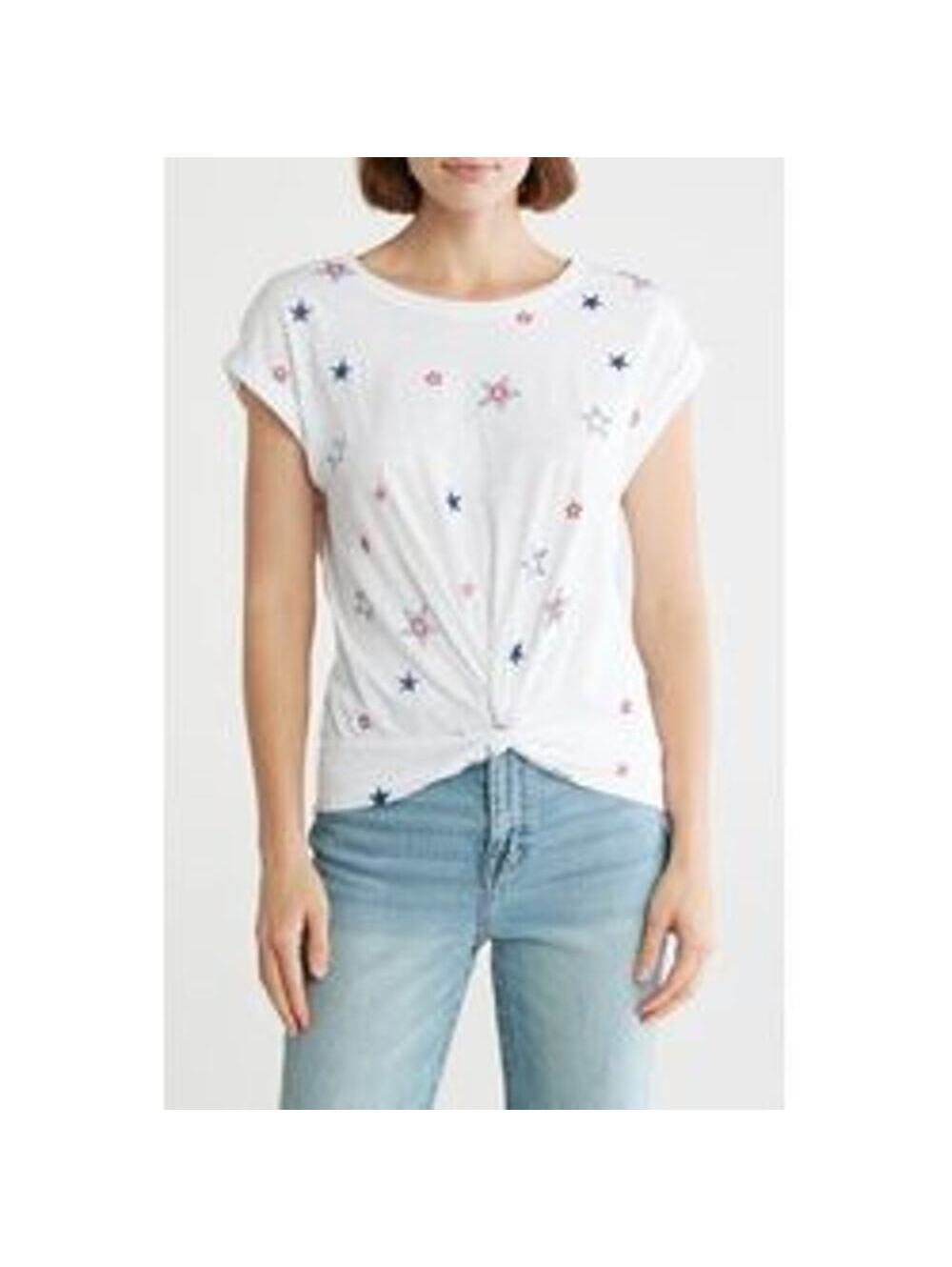Lucky Brand NWT Women's White Twist Front Red Blue Embroidered Stars Knit Top M